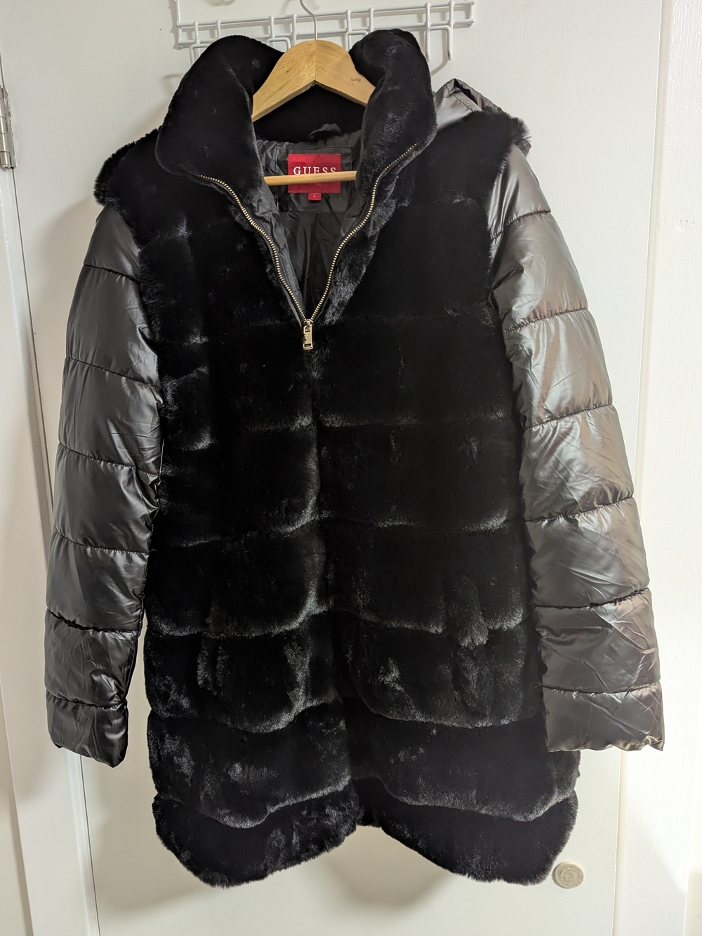 GUESS Black Faux Fur Body with Shiny Quilted Sleeves Puffer Coat